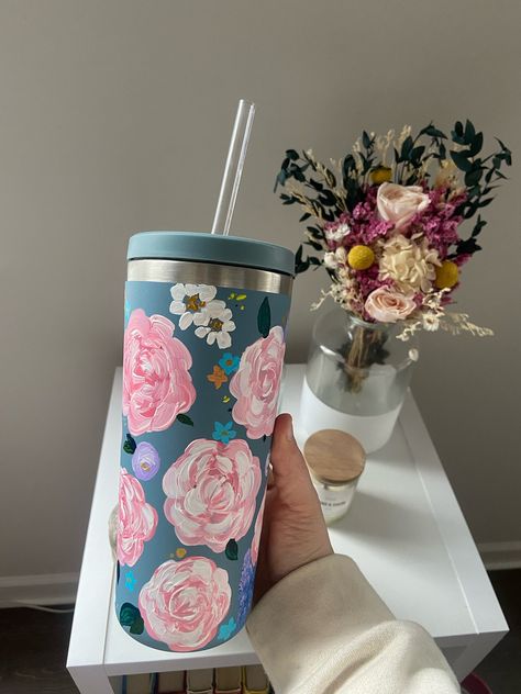 Hand painted tumbler, 24oz drinking tumbler Markers Drawing Ideas, Blue Tumbler, Teacher Door Hangers, Watercolor Travel, Gift For Artist, Wine Glass Candle, Floral Tumbler, Painted Cups, Gifts For An Artist