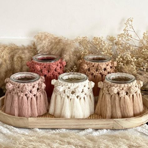 Macrame Jars, Boho Candle Holders, Macrame Candle Holder, Jar Covers, Boho Candle, Vases For Flowers, Deco Boho, Macrame Mirror, Sewing Cushions