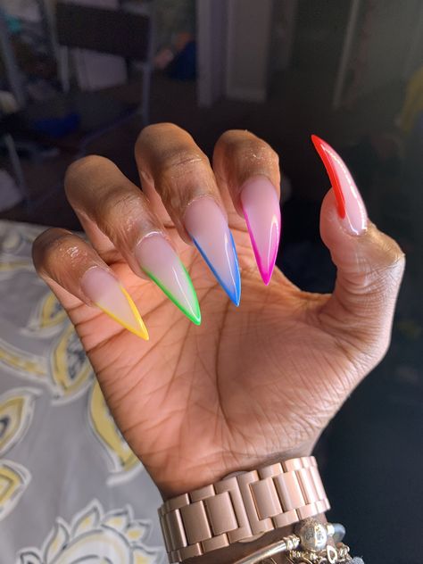 Rainbow Stiletto Nails, French Tip Nails Stiletto, Rainbow French Tip Nails, Rainbow French, Nails Stiletto, Drip Nails, Baddie Nails, Tip Nails, Glam Nails