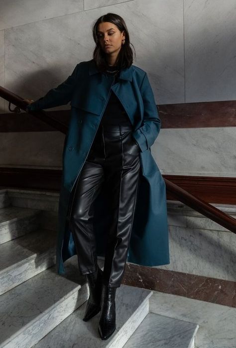 Long PU Blue Trench Coat | Basma & Merna x NA-KD | AW 2020-2021 | AW 20-21 | Fallfashion | Outfit inspiration Leather Outfits, Trench Coat Outfit, Blue Trench Coat, Long Leather Coat, Leather Trench Coat, Coat Outfits, Leather Outfit, Look Stylish, Na Kd