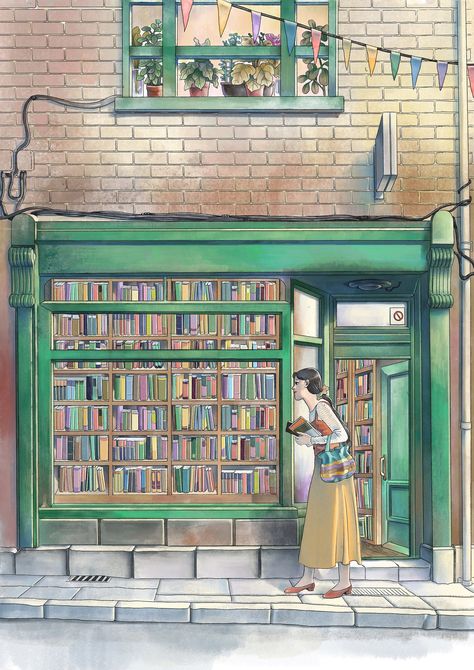 Library Drawing Illustration, Library Illustration Art, Book Store Drawing, Book Store Illustration, Bookstore Drawing, Bookshop Illustration, Bookstore Illustration, Storefront Illustration, Small Bookstore