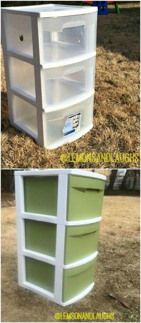 60 Plastic Bin and Drawer Decorating Ideas to Beautify Your Home Organizing Solutions Painting Plastic Bins, Paint Plastic Drawers, Decorate Plastic Drawers, Decorate Plastic Bins, Plastic Drawer Makeover, Diy Storage Drawers, Drawers Plastic, Plastic Dresser, Spray Paint Plastic