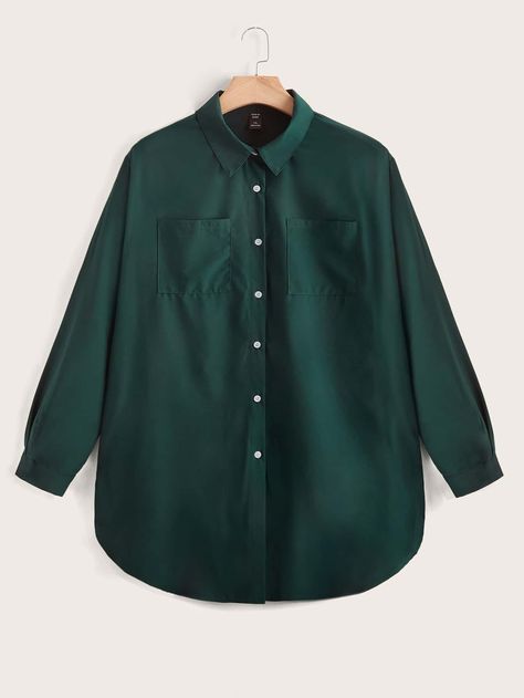 Green Collared Shirt, Green Shirt Outfits, Dark Green Shirt, Dark Green Blouse, Green Shirt Dress, Pocket Blouse, Fall Plus Size, Soft Autumn, Plain Shirt