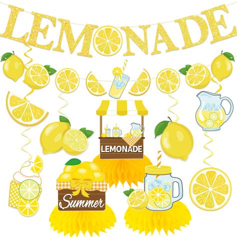 PRICES MAY VARY. value package: our lemonade stand supplies comes with 1 pc lemonade banner, 1pc lemon decorations party hanging swirls come with 6 pcs of different card cutouts in 6 different designs;6 pcs whirls glitter foil ceiling swirls streams in green&yellow, and 3pcs lemonade stand decorations hoenycomb centerpieces. our lemon party decorations will be a big hit at your party or lemonade stand and adding festival atmosphere by setting this colorful lemon decor quality material: our lemon Lemon Decorations Party, Lemonade Party Decorations, Lemonade Banner, Lemon Stand, Lemon Party Decorations, Lemon Banner, Lemon Decorations, Kids Lemonade Stands, Lemonade Stand Sign