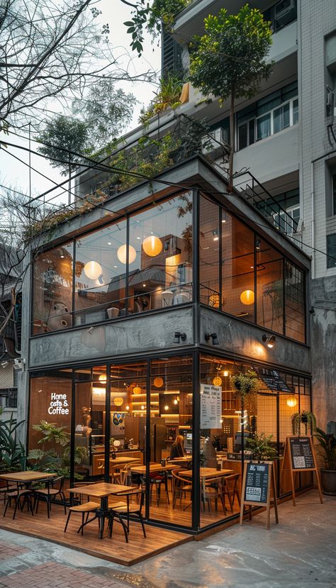 Restaurant And Cafe Interior Design, Cafe Design Plan Layout, Korean Cafe Interior Design Coffee Shop, Chinese Cafe Interior Design, Best Coffee Shop Design, Industrial Cafe Exterior, Warehouse Coffee Shop, Cafe House Design, Cafe Shop Exterior