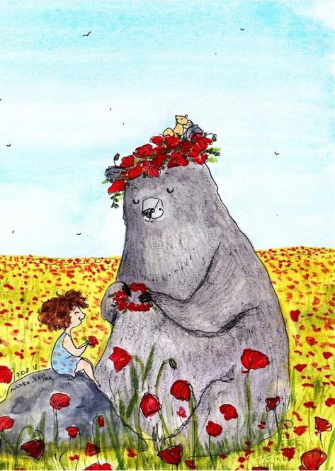 Manka Kasha, Planet Drawing, Bear Artwork, Poppy Fields, Bear Illustration, Happy Paintings, Bear Art, Rainbow Art, Graphics Inspiration