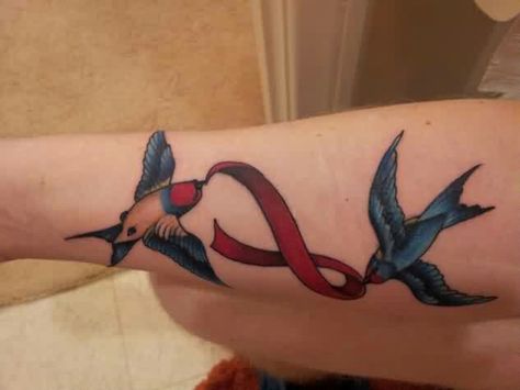 Birds and ribbon Green Ribbon Tattoo, Positive Tattoo Ideas, Angel Quote Tattoo, Free Yourself Tattoo, Positive Tattoos, Tattoos Back, Music Notes Tattoo, Tattoo Concepts, Mom Tattoo