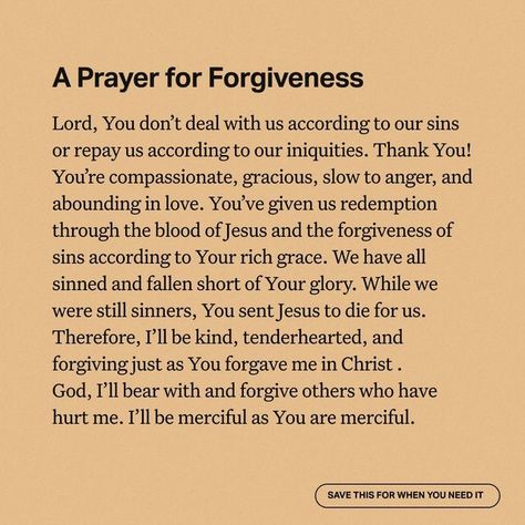 YouVersion | Bible & Prayer on Instagram: "The forgiveness God offers us is beyond our understanding. Our good God has forgiven us of all our sins. Even though we don’t grasp it, we certainly want to accept it. Yet, when someone does something to hurt, wound, or offend us, it’s not quite as easy to forgive, is it? We should be people who not only receive God’s forgiveness, but extend it to others as well." How To Ask God For Forgiveness, Forgive Others As God Has Forgiven You, Prayers Of Forgiveness, Does God Forgive All Sins, Prayer For Sins Forgiveness, Prayers For Forgiveness Others, Prayer For Forgiveness Others, Prayer For Repentance Forgiveness, Forgiveness Prayers To God