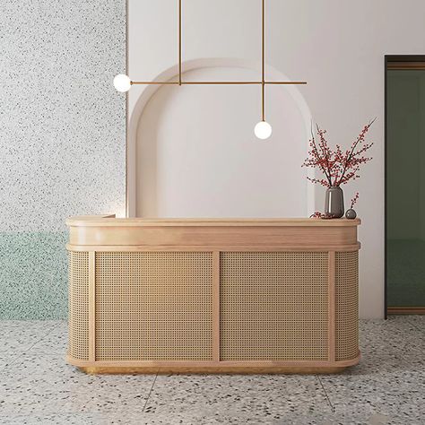 Bay Isle Home Paluch Rectangular Wood Reception Desk with Filing Cabinet | Wayfair Boho Reception Desk Design, Diy Curved Reception Desk, Spa Reception Desk Design, Tropical Reception Desk, Rattan Reception Desk, Laminate Showroom, Restaurant Reception Desk, Wood Reception Counter, Check In Desk