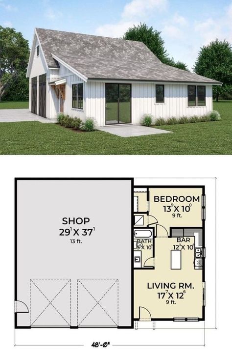 Single Car Garage Apartment Plans, One Floor Garage With Apartment, Garage Plan With Living Quarters, Garage Casita Plans, 2 Car Garage With Apartment One Story, Garage With Living Space One Story, Garage Apartment One Level, Casita With Garage, Garage Design With Living Space