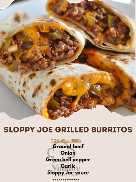 🌯🔥 Try these delicious Sloppy Joe Grilled Burritos for a quick and tasty meal! #SloppyJoeBurritos #EasyRecipes Sloppy Joe Grilled Burritos Ingredients: Ground beef (1 lb) Onion (1, diced) Green bell pepper (1, diced) Garlic (2 cloves, minced) Sloppy Joe sauce (1 can, 15 oz) Tortillas (6 large) Cheddar cheese (2 cups, shredded) Olive oil (2 tbsp) Instructions: In a skillet, cook ground beef, onion, bell pepper, and garlic until beef is browned. Add Sloppy Joe sauce and simmer for 10 minute... Cheesy Burritos, Grilled Burritos, Mexican Recipies, Sloppy Joe Sauce, Green Bell Pepper, Burritos Recipe, Sloppy Joe, Insta Pot, Quick Lunches