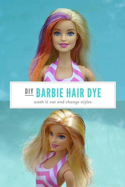 DIY Barbie Hair Dye - it washes out in water and you can change styles Doll Hair Detangler, Wash Out Hair Color, Diy Doll Hair, American Girl Doll Hairstyles, Hair Yarn, Hair Colour Design, Diy Barbie House, Hair Color Options, Dye Hair