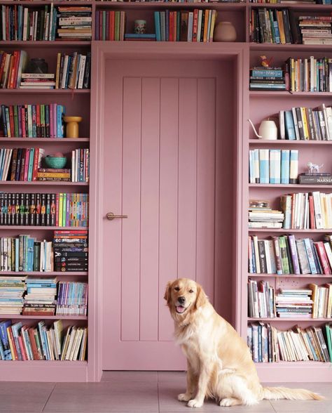 Pink Bookshelves, Eclectic Homes, Pink Door, Built In Bookcase, Barbie Dream House, Pink Interior, Pink Room, Home Library, Pink Walls