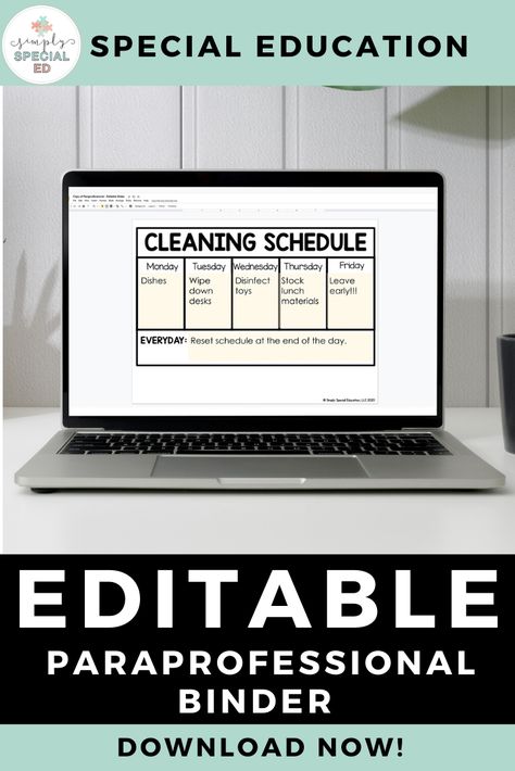 This paraprofessional binder is EDITABLE and includes everything you need to educate your paraprofessionals, substitutes, therapists, and support staff on the needs of your students, and rules and expectations of your classroom. Make sure everyone on your team is on the same page with this easy-to-use and editable resource! #paraprofessional #parasupport Paraprofessional Binder, Classroom Routines And Procedures, Student Binders, Behavior Plans, Classroom Schedule, First Year Teaching, Visual Schedules, Classroom Routines, Iep Goals