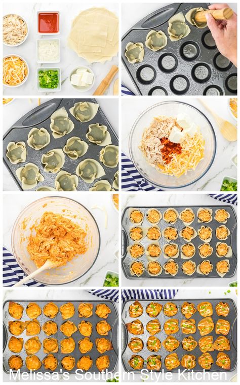 These easy Buffalo Chicken Bites made in wonton cups are a fun appetizer for game day, casual parties and holiday gatherings. #buffalowings #chickenwings #buffalochickenbites #wontons #appetizerrecipes #gaemdayrecipes #chickenrecipes #chickenappetizers #wings Buffalo Chicken Dip Bites, Buffalo Chicken Rangoons, Buffalo Chicken Wonton Cups, Chicken Wonton Cups, Buffalo Chicken Cups, Homemade Crab Rangoon, Buffalo Chicken Wontons, Chicken Wing Dip, Chicken Parmesan Sliders