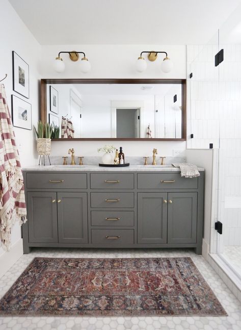 25 Dreamy Gray Bathroom Ideas to Refresh Your Washroom | Hunker House Bathroom Designs, Houston Houses, Grey Bathroom Vanity, White Bathroom Tiles, Traditional Bathroom Vanity, Gray Vanity, Gray Bathroom, Gray Paint, Bathroom Tile Designs