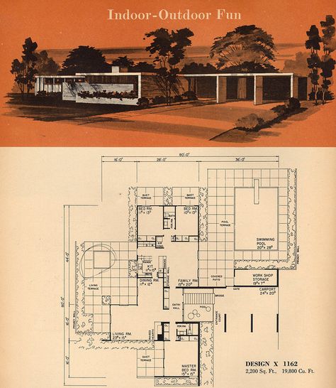 Great mid-century modern design indoor outdoor houseplan Mid Century Modern Floor Plans, Mid Century House Plans, Mid Century Modern Floor, Mid Century Modern House Plans, Mid Century Flooring, Midcentury Architecture, Modern Floor Plans, Vintage House Plans, Santiago Calatrava