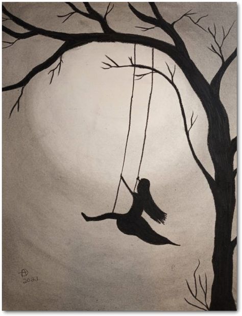 A charcoal drawing/illustration of a girl swinging in a tree swing. #art #arts #artwork #draw #drawing #drawings #illustrations #illustration #swing #swings Eras Tattoo, Sillouttes Images Women, Girl Swinging, Drawing Scenery, Bottle Drawing, Abstract Tree Painting, Children Sketch, Nature Sketch, Silhouette Painting