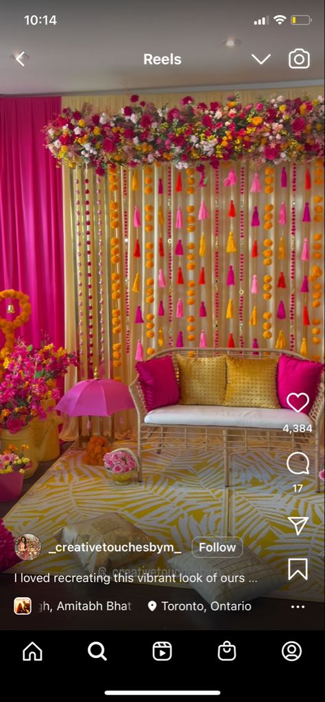 Mendhi Stage Decor At Home, Hindi Wedding Decor, Pink And Yellow Mehendi Decor, Mendhi Decor Ideas At Home, Indian Photo Backdrop, Mehendi Night Decoration At Home, Home Mehendi Decor Ideas, Mehndi Decor Indoor, At Home Mehendi Decor