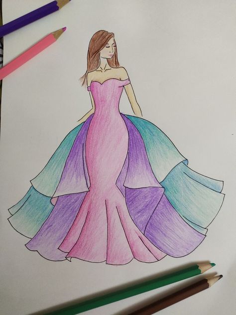 A fresh and colourful pencil art gown fashion design sketch. Dress Pencil Sketches, Frock Design Drawing, Gown Drawing Sketches Easy, Fashion Illustration Sketches Dresses Outfit, Fashion Drawing Dresses Sketches Design Illustrations, Doll Dress Drawing, Gown Drawing Sketches, Gown Sketches Design, Dress Shading