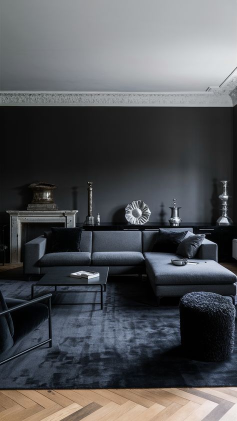 Charcoal Gray Sectional, Black Living Room Designs, Black Living Room Ideas, Gray Sectional Sofa, Monochromatic Living Room, Unique Decor Ideas, Black Velvet Sofa, Decor Ideas For Apartments, Black Living