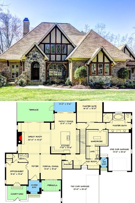 View of the vintage fairy tale and cottage like exterior and lovely landscaping. Find it this 2 story over 4000 sq ft Tudor house plan with 4 to 5 bedrooms and 5 bathrooms. See more of the Tudor home interior design of this beautiful large Tudor house. View the full floor plan and get the blueprint layout at: https://www.architecturaldesigns.com/house-plans/lavish-tudor-style-house-plan-with-optional-lower-level-93133el?cjevent=15791bf48ffb11ea823600230a180512 #blueprint #floorplan #2story Floor Plans Tudor, Tudor Style Home Floor Plans, Tudor Style Home Plans, 2 Story Tudor House Plans, 3000 Sq Ft Cottage House Plans, Tudor Style Cottage Plans, Large Tudor House Plans, Fairy House Bloxburg Layout, 5 Bedroom Tudor House Floor Plan