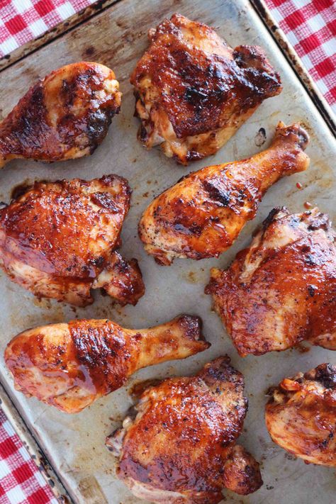 Baked BBQ Chicken Legs and Thighs - The Anthony Kitchen Pakistani Dinner, Baked Bbq Chicken Legs, Chicken Legs And Thighs, Baked Bbq Chicken Recipes, Baking Chicken, Bbq Sauce Homemade Easy, Bbq Chicken Legs, Homemade Bbq Sauce Recipe, Homemade Barbecue