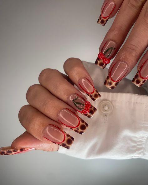 Cherry on Top 😚🍒 • • • • #nails #pressons #pressonnailbusiness #nailart #naildesign #nailartist #nailsnailsnails #businessowner #follow #like #fallnails #falldesignnails #autumn #autumnnails #designnails #nailtech #frenchtipnails #cheetahprint #cheetahprintnails #brownnails #rednails #cherrynails #fruitnails #3Dcherrynails #3Dnails #turtoiseshellnails Brown Cheetah Nails, Brown And Red Nails, Red Plaid Nails, Cheetah Print Nails, Cheetah Nails, Top Nails, Cherry Nails, Plaid Nails, Brown Nails