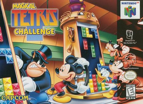 Magical Tetris Challenge, known in Japan as Magical Tetris Challenge Featuring Mickey, is a puzzle game by Capcom for the Nintendo 64, Game Boy Color and PlayStation (the latter version was released in Japan and Europe only). It was released on January 14, 1999. It is a version of Tetris featuring Disney characters. It is one of the few N64 titles to be entirely in 2D. The game was also released in arcades on Seta's Aleck 64. Magical Tetris Challenge has three gameplay modes: Magical Tetris, ... Tetris Game, Disney Challenge, N64 Games, Original Nintendo, Promotional Products Marketing, Vintage Games, Game Boy, Wii U, Retro Gaming