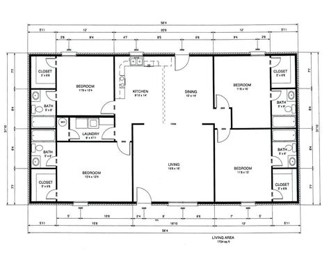 Great basic design. Simple House Plans 4 Bedroom, Rectangle House Plans, Rectangle House, 4 Bedroom House Designs, 3 Bedroom Floor Plan, Unique Floor Plans, Basement House Plans, Two Story House Plans, 2 Bedroom House Plans