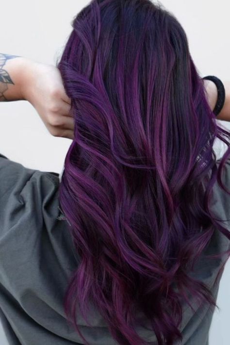 Long Layered Hair With Midnight Purple Highlights Purple Hair Styles, Midnight Purple Hair, Midnight Purple, Purple Highlights, Woman Hair, Long Layered Hair, Dye My Hair, Long Layers, Curling Iron