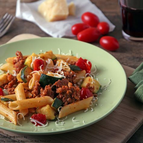 "Manland" and Pasta with Chorizo, Zucchini and Tomatoes | My Kitchen in the Rockies Pasta With Chorizo, Zucchini And Tomatoes, Chorizo Pasta, Colorado Food, Spicy Pasta, Zucchini Tomato, Zucchini Pasta, The Rockies, Pasta Dish