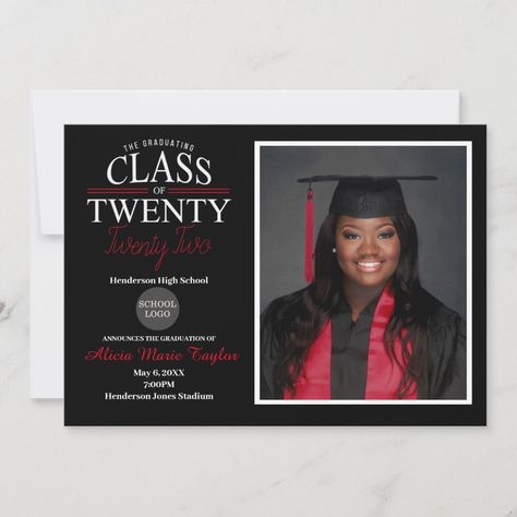 Invitation With Photo, Graduation Invitation, School Logo, Graduation Invitations, High School, Black And Red, Created By, Stars, Red