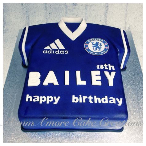 Chelsea soccer jersey cake Chelsea Football Cake, Chelsea Soccer, Half Bun, Kids Uniforms, Soccer Birthday, Football Cake, Soccer Party, Chelsea Football, Pretty Birthday Cakes