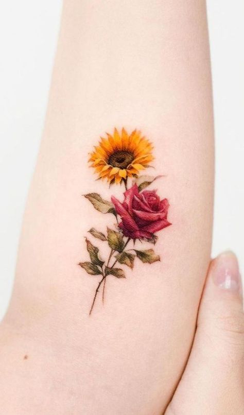 A stem of sunflower and rose tattoo Rose And Sunflower Tattoo, Sunflower And Rose Tattoo, Simple Unique Tattoos, Bee Tattoos, A Tattoo Design, Embroidery Tattoo, Lady Bug Tattoo, Blue Rose Tattoos, Daisy Tattoo