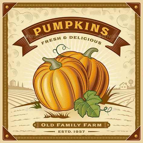 Retro Pumpkin Harvest Label With Landscape Harvest Illustration, Pumpkin Logo, Food Frame, Fall Labels, Agriculture Background, Pumpkin Roll Cake, Vintage Windmills, Retro Pumpkin, Landscape Vector