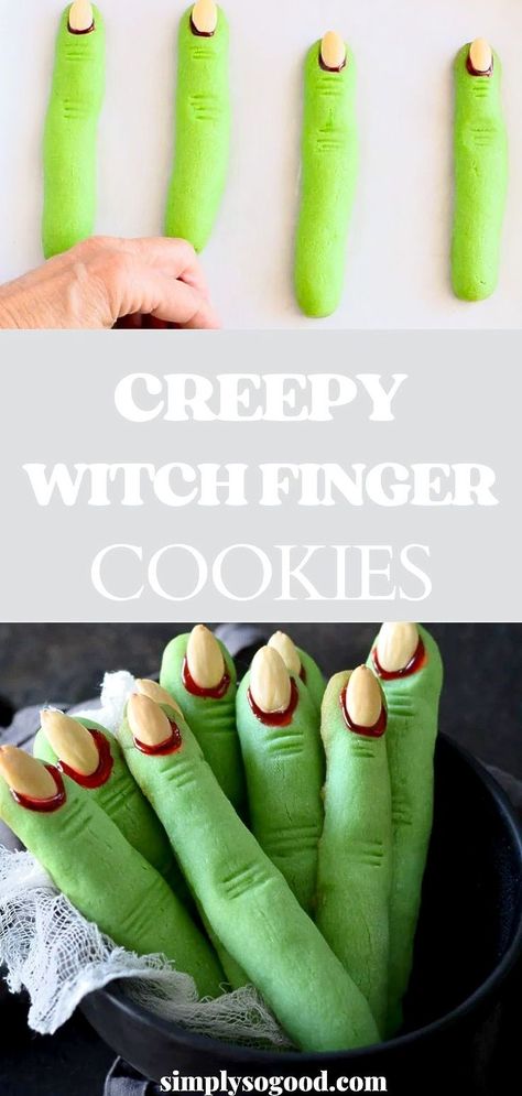 It’s almost scary how perfect these creepy witch finger cookies are as a Halloween treat. Buttery shortbread cookies are easy to make with green dye, and are finished with “bloody” red gel and almond finger nails. This witch finger cookie recipe is sure to be a spooky fun family tradition! Halloween Finger Cookies, Witch Fingers, Cookies For Halloween, Witch Finger Cookies, Creepy Witch, Halloween Finger, Butter Shortbread Cookies, Finger Cookies, Witches Fingers