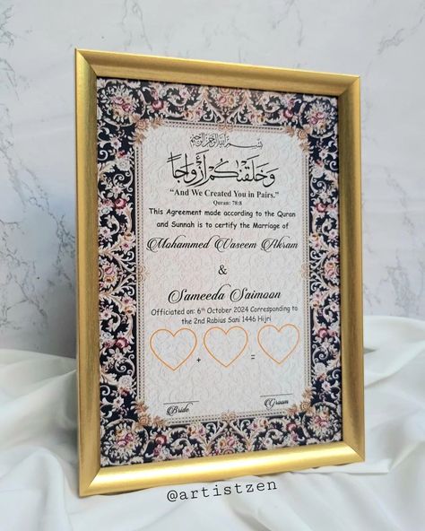 Personalised Nikah Certificate 💫 . . #nikahframes #printednikahcertificate #frames #islamicart Nikah Frame, Nikah Certificate, Create Yourself, Calligraphy, Frame, Quick Saves