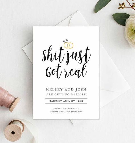 Save The Date Quotes, Funny Save The Date Ideas, Rhodes Wedding, Distillery Wedding, Yellow Weddings, Funny Save The Dates, Spring Wedding Ideas, Wedding Features, Bridal Decor