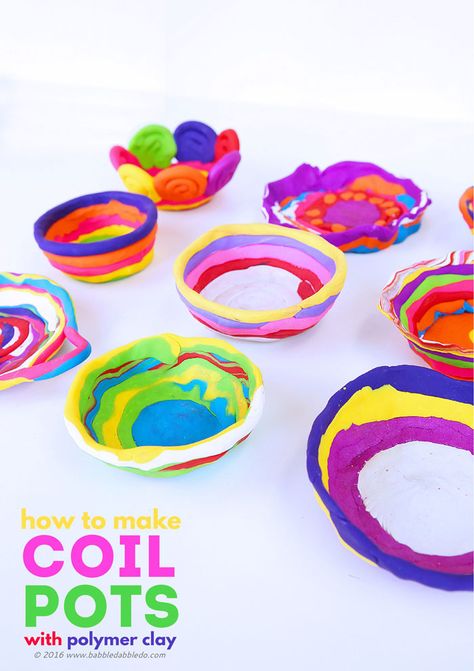 Learn how to make simple coil pots using polymer clay. Easy and colorful clay project for kids! Aba Crafts, Ceramic Tips, Polymer Clay Easy, Clay Easy, Clay Projects For Kids, Cardboard Animals, Art Docent, Clay Crafts For Kids, Modelling Clay