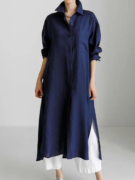 Casual Solid Color Lapel Collar Split-Side Long Sleeves Shirt Dress Comfy Maxi Dress, Navy Blue Midi Dress, Dresses Casual Winter, Cotton Linen Dresses, Cotton Shirt Dress, Maxi Dress Navy, Shirt Dress Casual, Solid Color Shirt, Kimono Cardigan