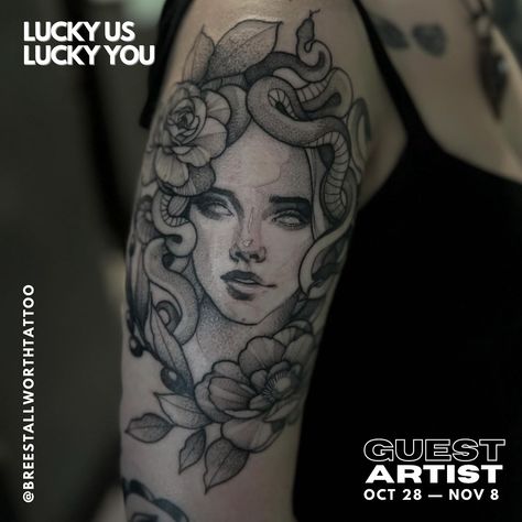 We’re excited to share that Atlanta’s @breestallworthtattoo will be back to guest spot with us later this month! 📅 Dates: October 28 - November 3 📍 Location: Lucky 24 Tattoo To book your session, send her a DM at @breestallworthtattoo. Medusa Arm Tattoo, Matching Bff Tattoos, Bff Tattoos, Tattoo Artwork, Tattoo Girls, Horror Tattoo, Best Friend Tattoos, Friend Tattoos, Tattoo Pattern