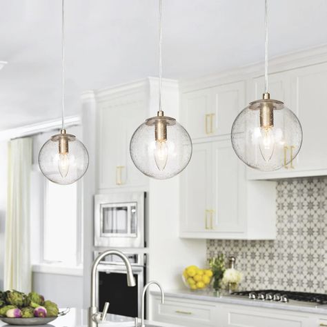 Koini Modern Contemporary Mini Pendant Dimmable LED Globe Glass Kitchen Island Light - 5.5 inches - Bed Bath & Beyond - 35421618 Globe Pendant Lights Over Kitchen Island, Gold Kitchen Pendant Lights, White Kitchen Island Lighting, Glass Kitchen Island, Modern Glam Decor, Lights Over Kitchen Island, Kitchen Island Light, Round Pendant Light, White Kitchen Island