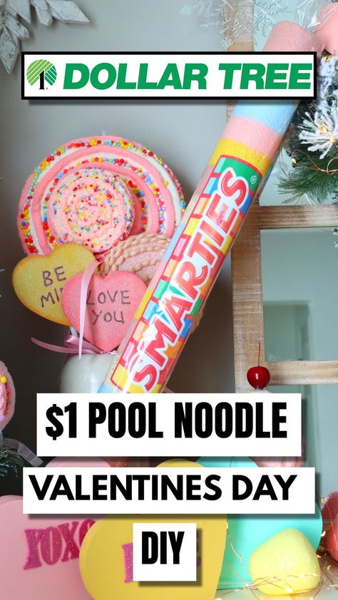 Pool Noodle Candy Decorations, Valentine Pool Noodle Ideas, Pool Noodle Heart Wreath, Dollar Tree Candy Land Decor, Pool Noodle Valentine Crafts, Pool Noodle Heart, Diy Dollar Tree Valentines Decorations, Useful Crafts For Adults, Pool Noodle Candy