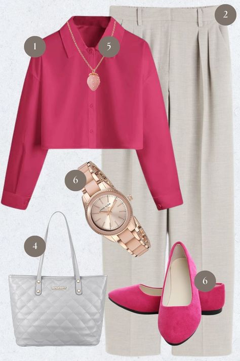 Soft blush meets understated beige in this fashion moodboard, creating a look that’s both vibrant and versatile. The rich, fuchsia blouse serves as a statement piece, its bold color energizing the neutral palette of the tailored beige trousers. This balance of color and calm embodies a sense of effortless sophistication. Complementing accessories, including a classic quilted tote and a rose gold timepiece, add a touch of timeless elegance. Mood Board Fashion, Everyday Wardrobe, Bold Colors, Timeless Elegance, Color Pop, Outfit Inspo, Wardrobe, Color