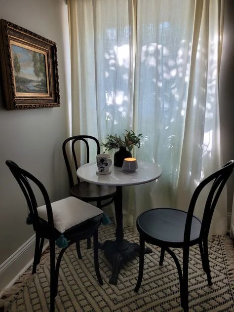 Bistro Table Centerpiece Ideas, Bay Window Bistro Table, World Market Bistro Table, Living Room Bistro Table, Bistro Nook In Living Room, Bistro Table Dining Room, Small Bistro Table Kitchen, Bistro Table Indoor Kitchen, White Bistro Table