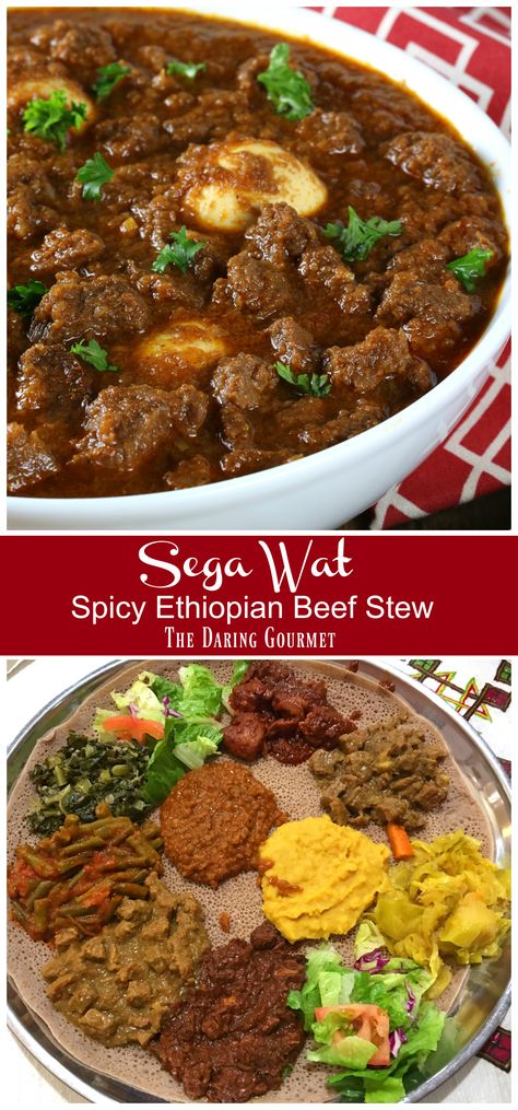 Authentic Sega Wat (Spicy Ethiopian Beef Stew).  daringgourmet.com Gourmet Beef Stew, Stew Crockpot, Ethiopian Cuisine, Mapo Tofu, Beef Stew Crockpot, African Cooking, Ethiopian Food, Nigerian Food, Red Onions