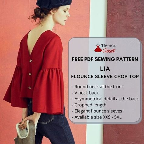 Lia flounce sleeve crop top – Free PDF sewing pattern – Tiana's Closet Chiffon Top Sewing Pattern, Peplum Blouse Pattern, Top Sewing Patterns, Paper To Print, Raglan Sleeve Pattern, New Dress Pattern, 300 Dollars, 3d Simulation, Blouse Sewing Pattern