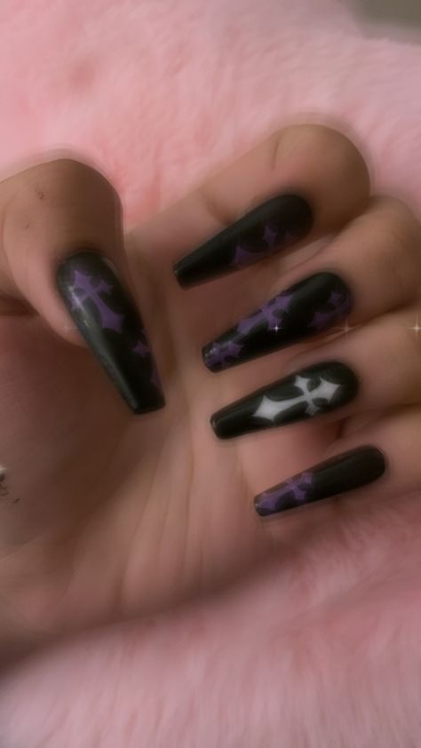 Emo Y2k Nails Acrylic, Dark Purple Nail Designs Coffin, Purple And Black Goth Nails, Goth Emo Acrylic Nails, Purple Cross Nails, Acrylic Nails Cross Design, Black And Purple Nails Coffin, Black Goth Nails Acrylic, Purple Black Nails Designs