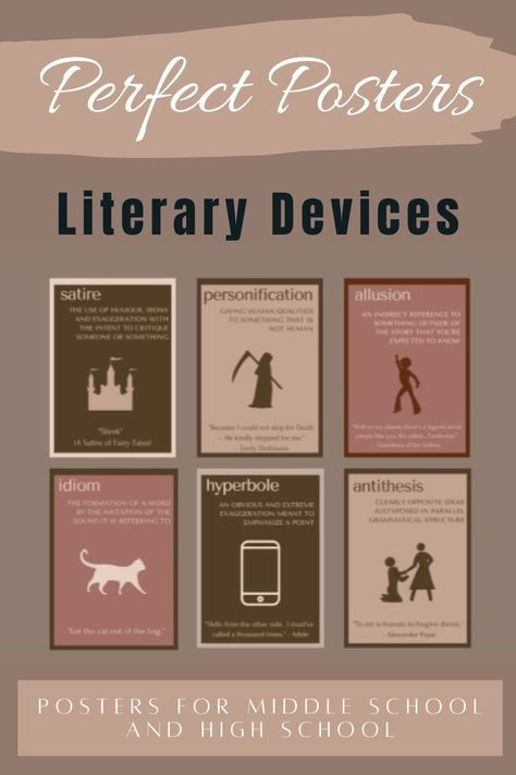 30 vibrant and bold posters that perfectly depict 29 different literary terms. The simple and modern design of these posters is geared toward middle and high school. No cutesy graphics here! This product includes posters to define most literary devices and if these do not suit your classroom, please check out ALL of my collections for "Perfect Posters" including metaphors, similies, alliteration, personification, paradox and many more! Literary Devices Posters, English Classroom Posters, Literary Terms, English Posters, Literary Devices, Ela Classroom, English Classroom, Middle School Classroom, School Posters